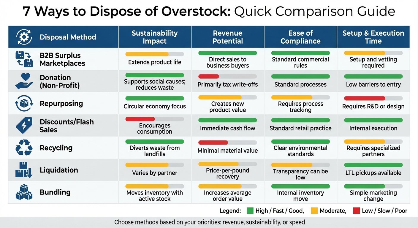 Comparison of 7 Overstock Disposal Methods: Sustainability, Revenue, Compliance & Speed
