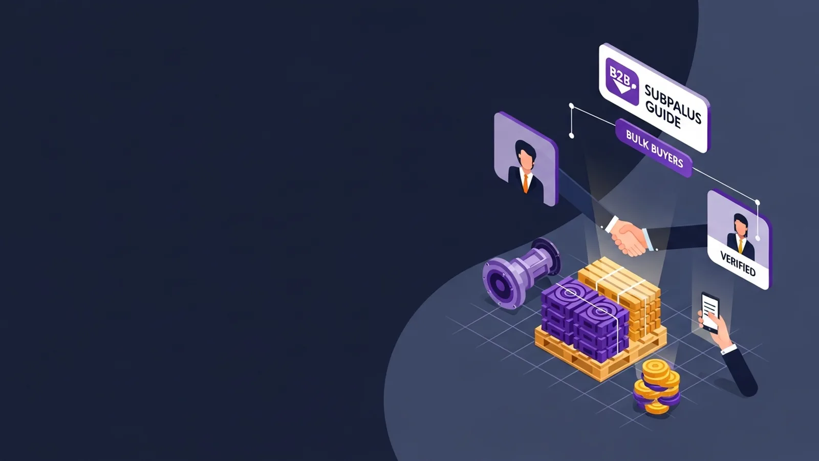 Stacked automotive parts and components connected by violet network lines representing B2B liquidation channels
