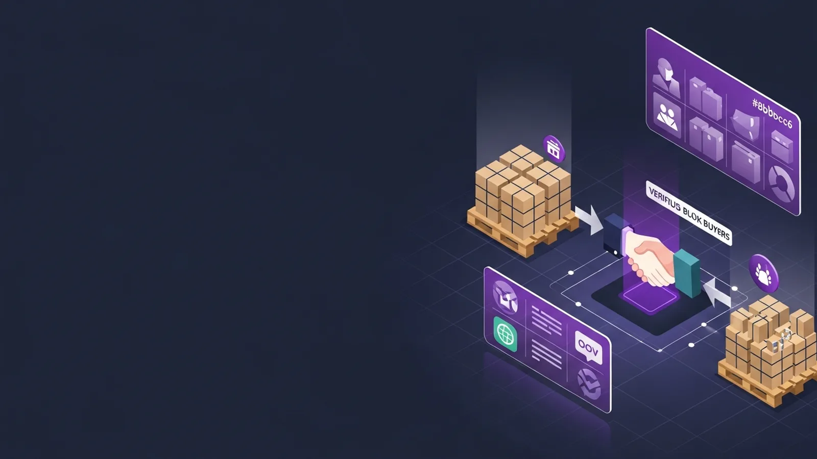 Abstract network connections in rich violet linking marketplace nodes against a clean modern background