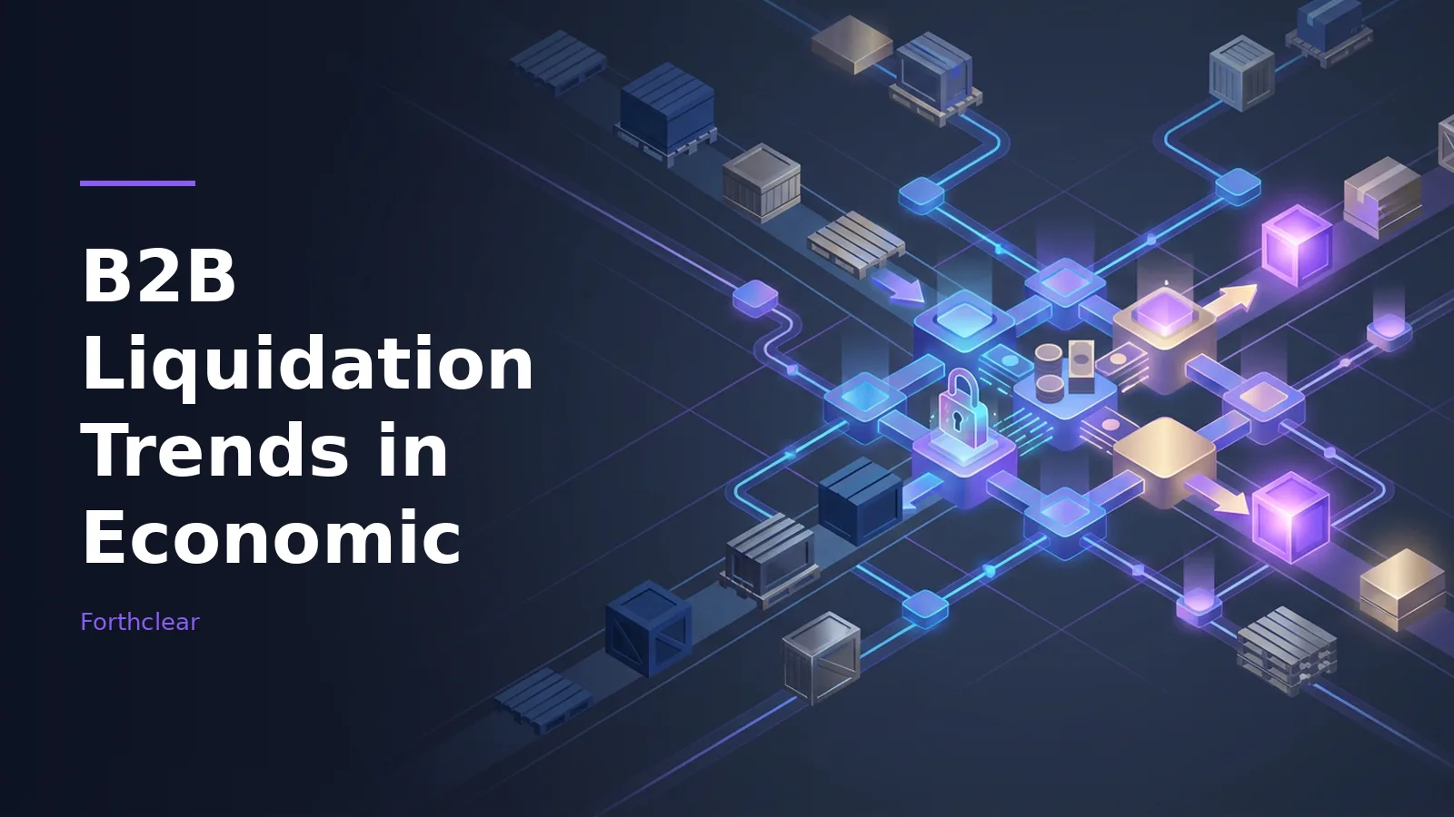 Isometric network of glowing nodes, crates, coins, and a central padlock on dark purple grid. Overlaid text reads “B2B Liquidation Trends in Economic” with the Forthclear wordmark.