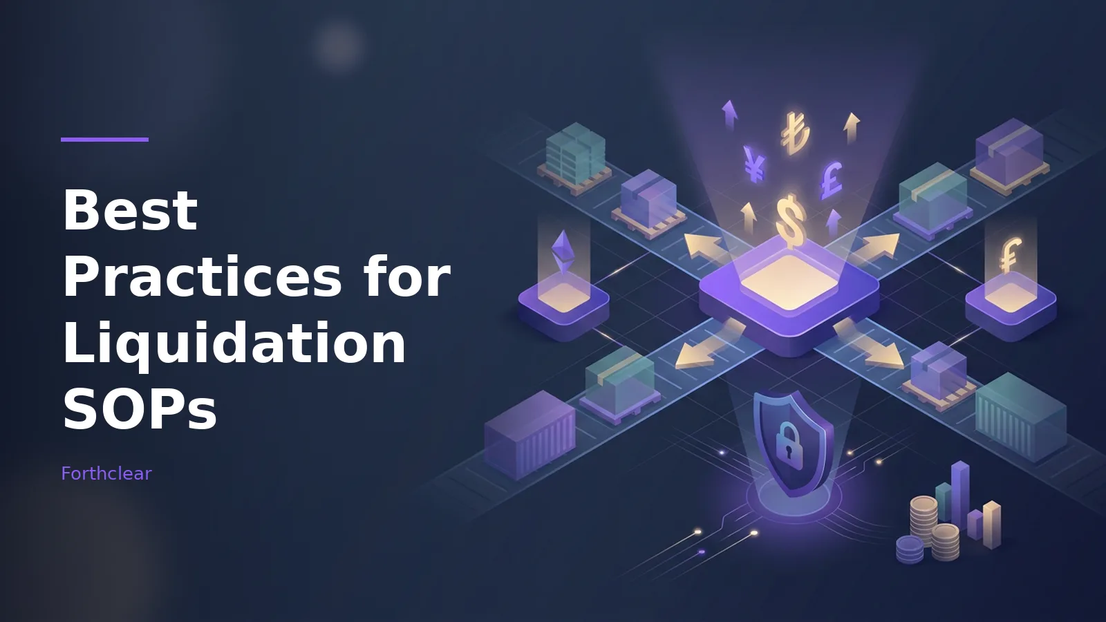 Isometric dark blue scene with conveyor belts carrying boxes, glowing currency symbols and a shield. Overlaid text reads “Best Practices for Liquidation SOPs” with the Forthclear wordmark.