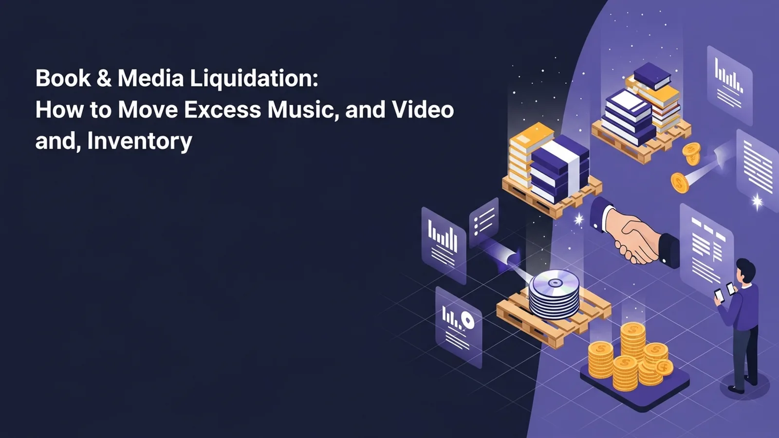 Stacks of books and media products on warehouse shelves with violet-accented abstract network lines connecting them