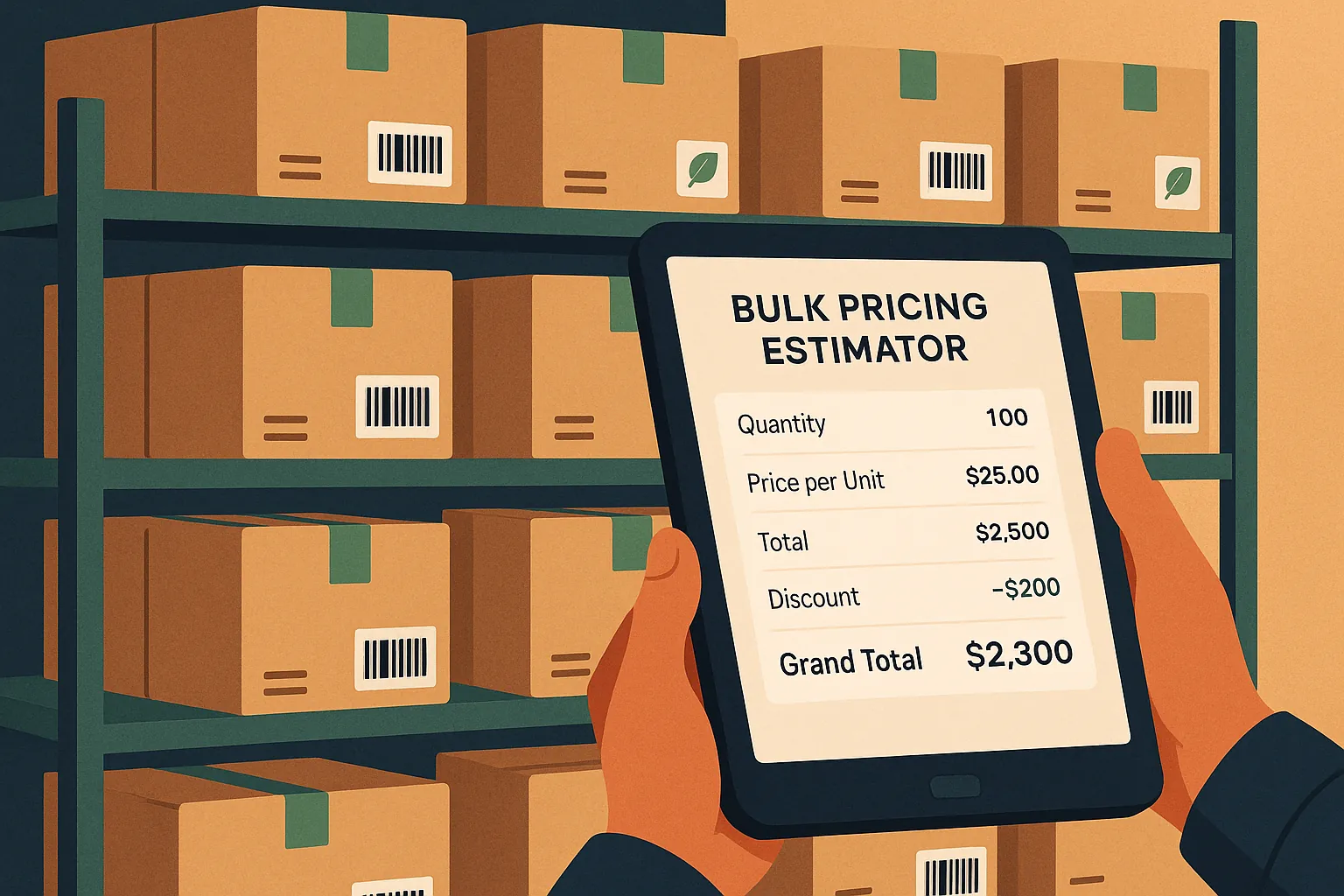 Bulk pricing estimator: abstract illustration of a calculator with data flowing into a graph, symbolizing cost analysis