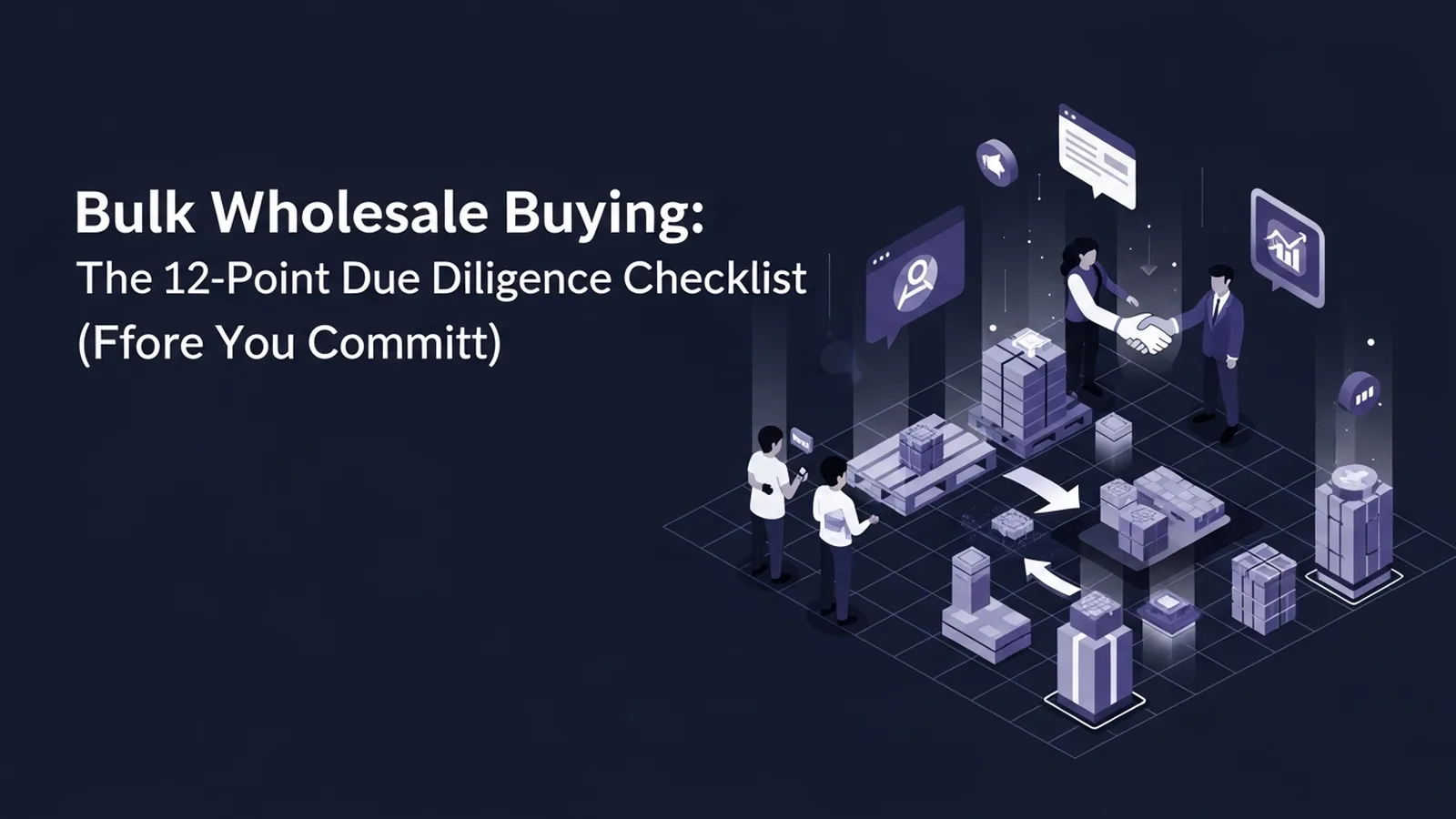 Glowing handshake over stacked pallets with abstract marketplace grid connecting wholesale goods to revenue streams