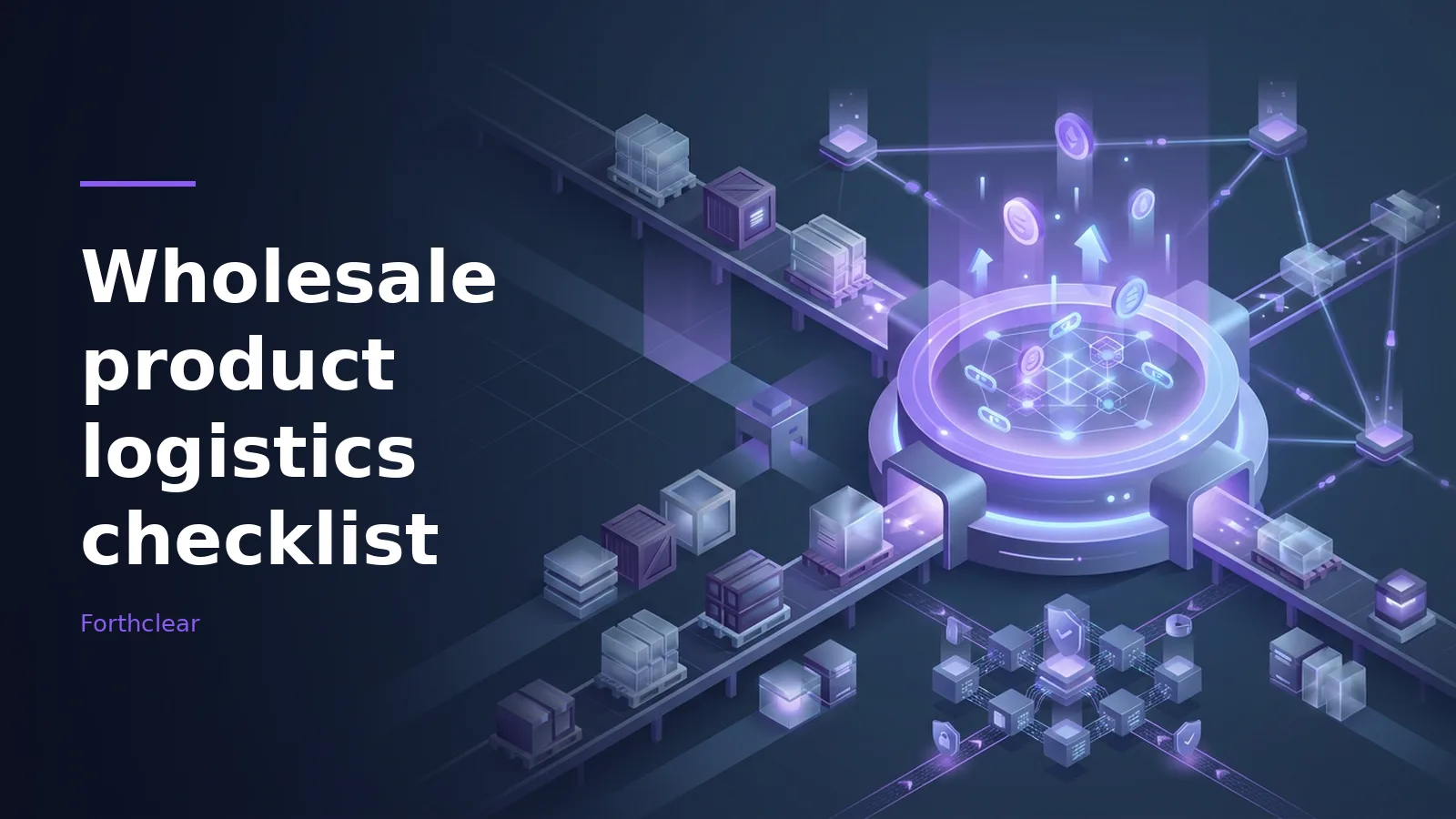 Futuristic purple factory with conveyor belts moving boxes to a glowing central platform. Overlaid text reads “Wholesale product logistics checklist” with the Forthclear wordmark.