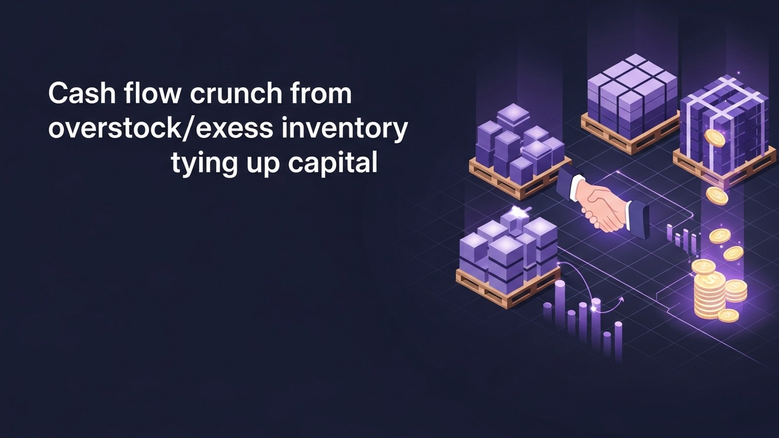 Stacked boxes and flowing capital symbols in violet tones illustrate inventory blocking business cash flow