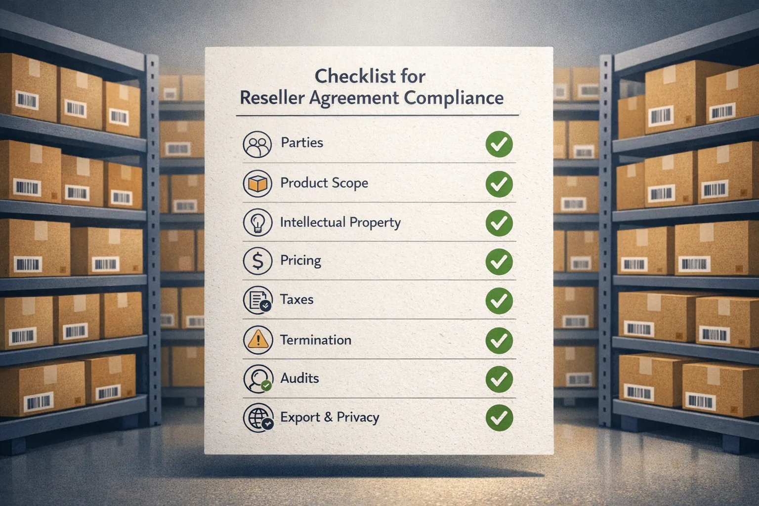 Checklist for reseller agreement compliance: abstract illustration of a clipboard with a checkmark and documents, symbolizing organization and verification