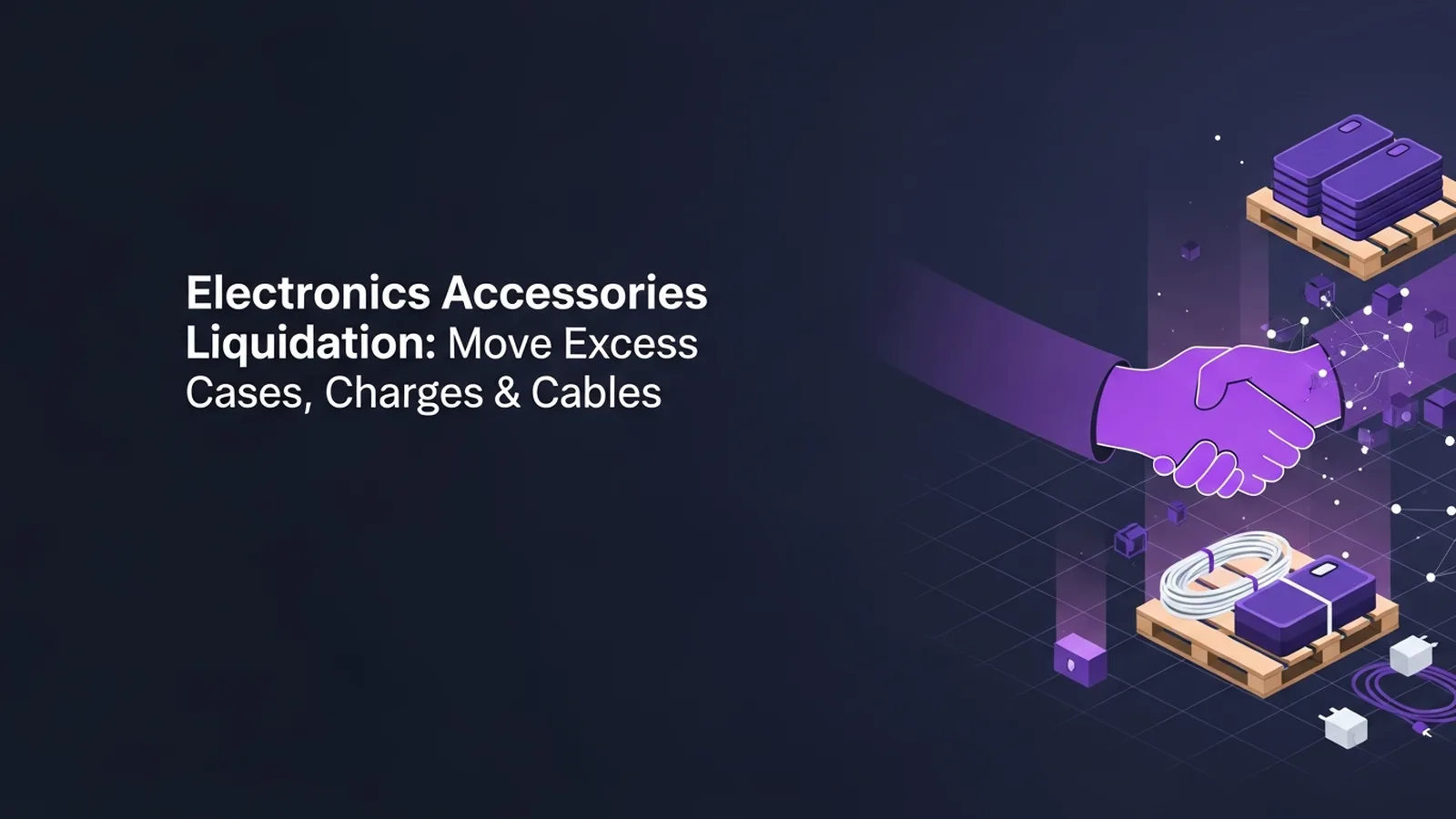Organized phone cases, chargers and cables on violet-accented surface suggesting wholesale distribution networks