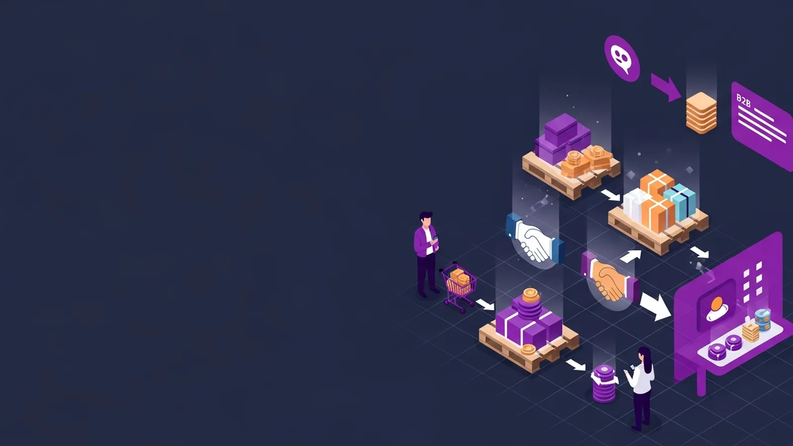 Abstract visualization of pallets and marketplace grids with glowing handshakes representing surplus stock transformation