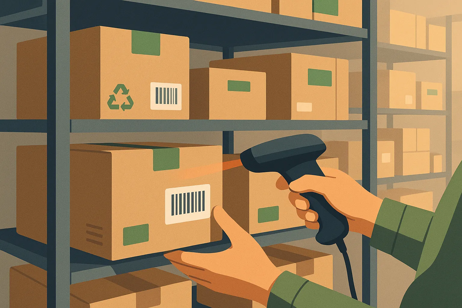 Dead stock management: Abstract illustration showing a warehouse with boxes and arrows, symbolizing efficient clearing and flow of inventory