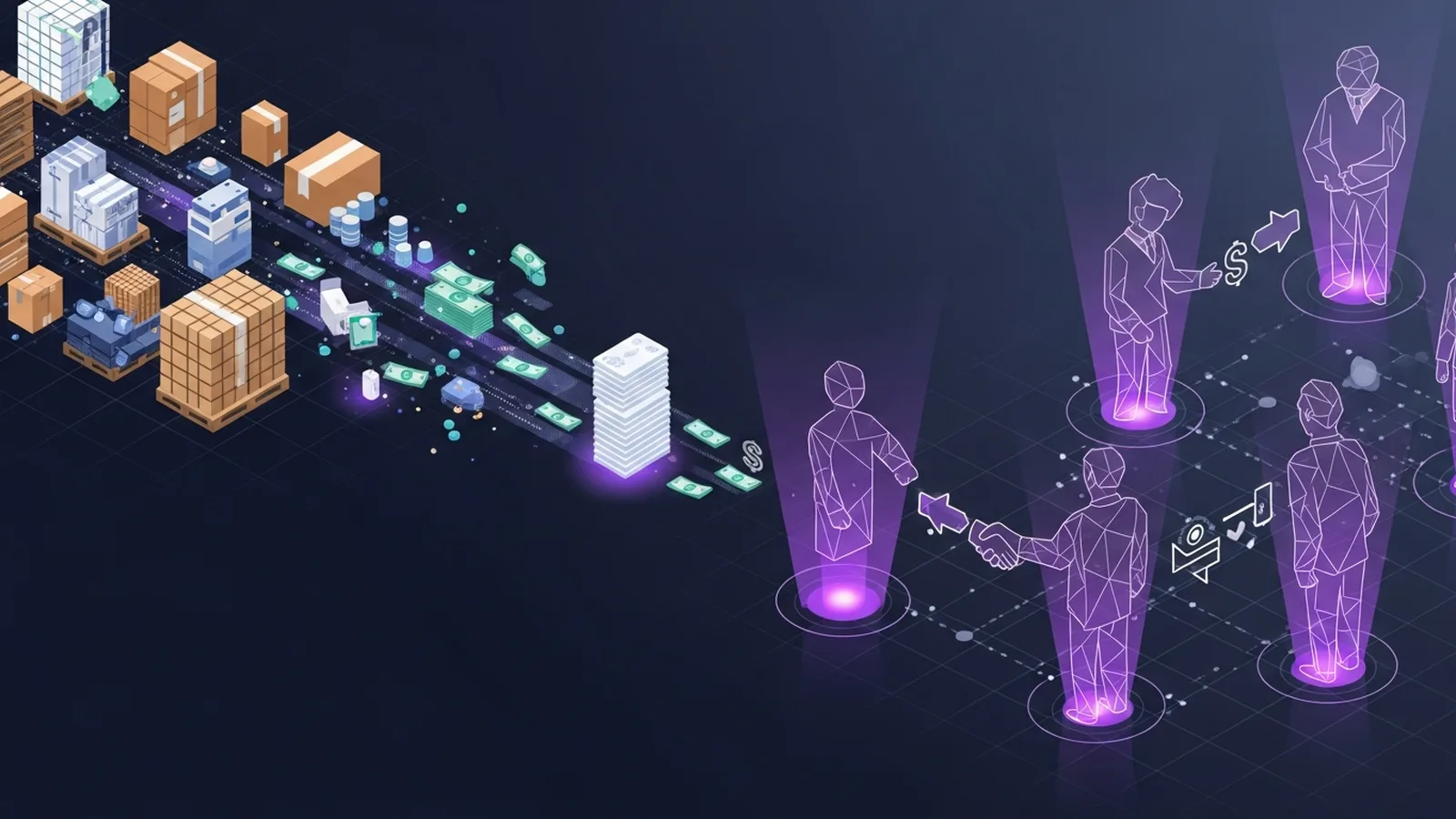 Abstract network of interconnected nodes in rich violet tones representing marketplace connections and alternatives