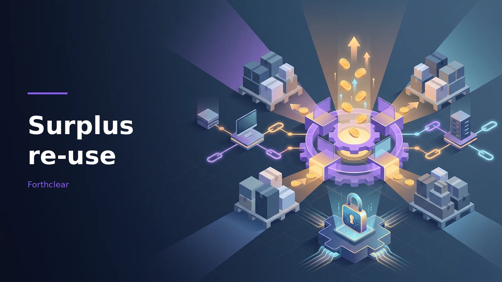 Isometric dark blue scene with box pallets, a glowing gear, golden coins, and a glowing padlock. Overlaid text reads “Surplus re-use” with the Forthclear wordmark.