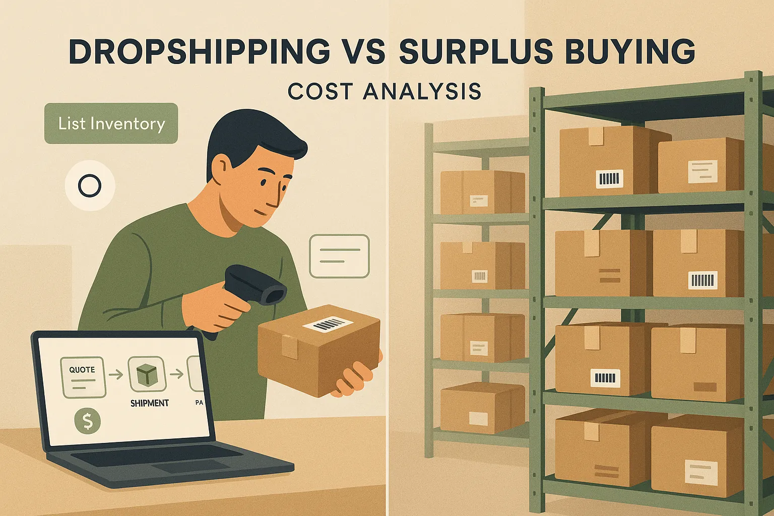 Dropshipping vs surplus buying: abstract illustration showing two distinct paths or strategies converging, symbolizing cost analysis