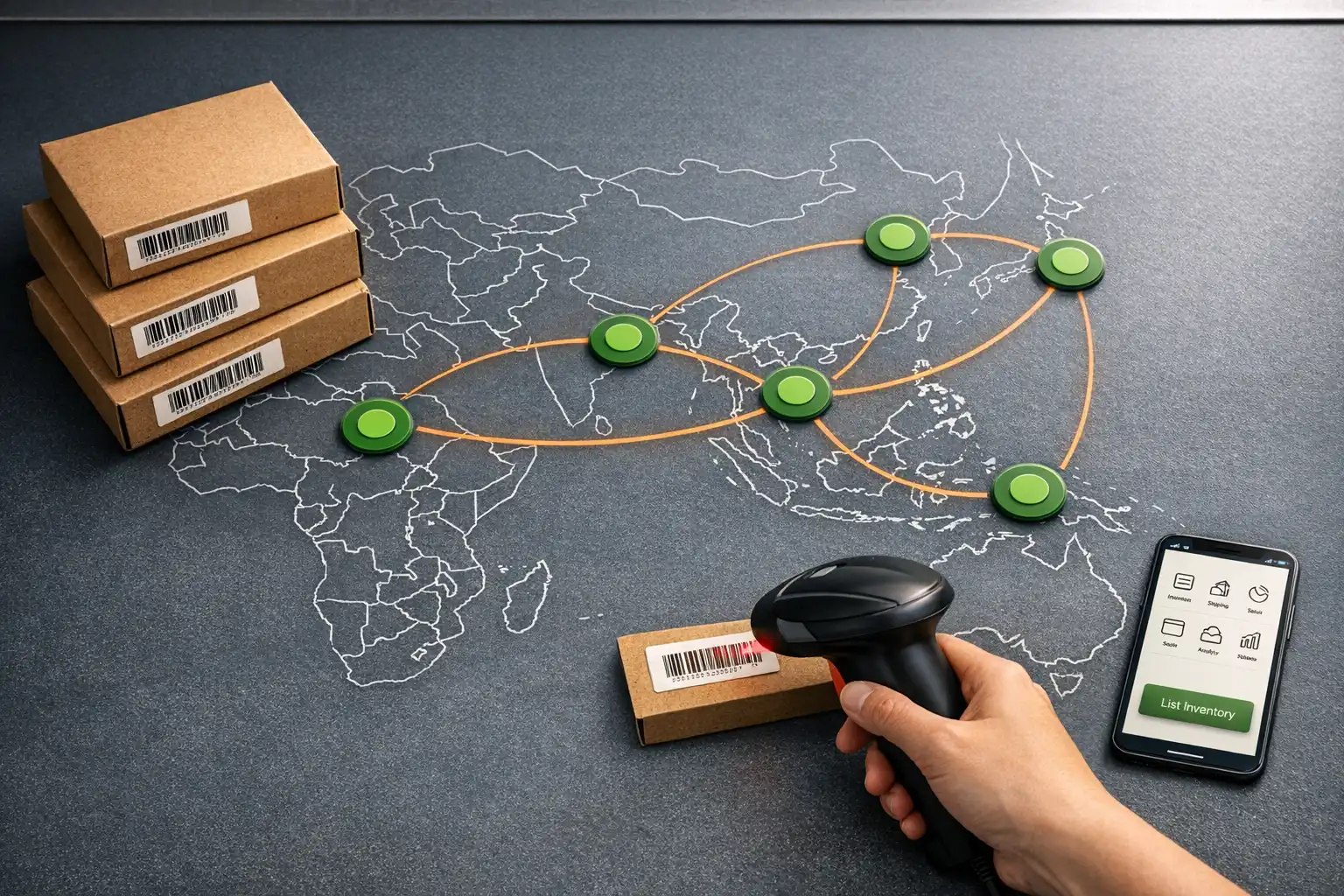 Abstract art showing refurbished electronics emerging from a globe, symbolizing new markets and sustainable business.