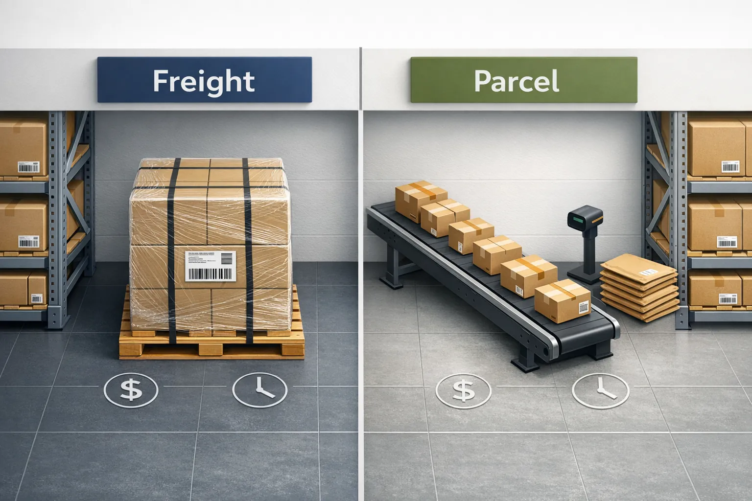 Freight vs. parcel shipping decision, abstract illustration of boxes on a scale, one side with many small packages, the other a large crate
