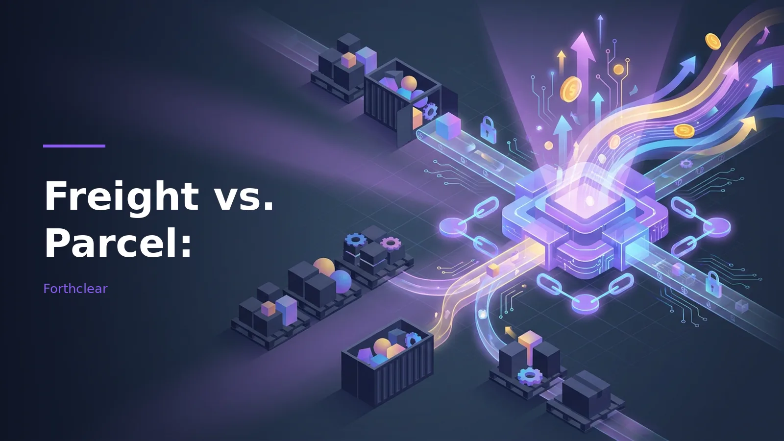 Freight vs. Parcel: Isometric dark purple scene of pallets, containers, and a glowing central processor. Overlaid text reads “Freight vs. Parcel:” with the Forthclear wordmark.
