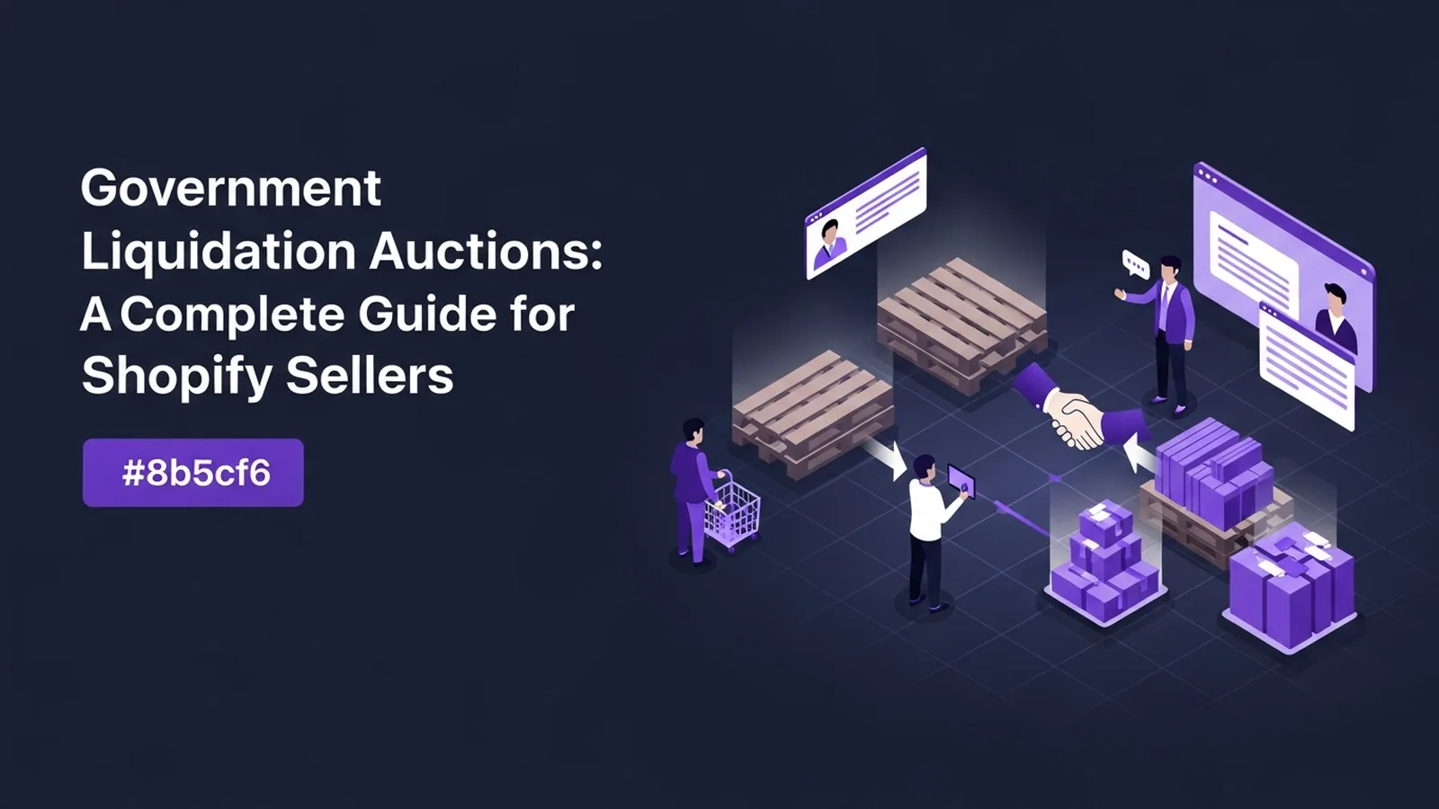 Stacked shipping pallets and auction gavel on violet-accented backdrop symbolizing government surplus marketplace