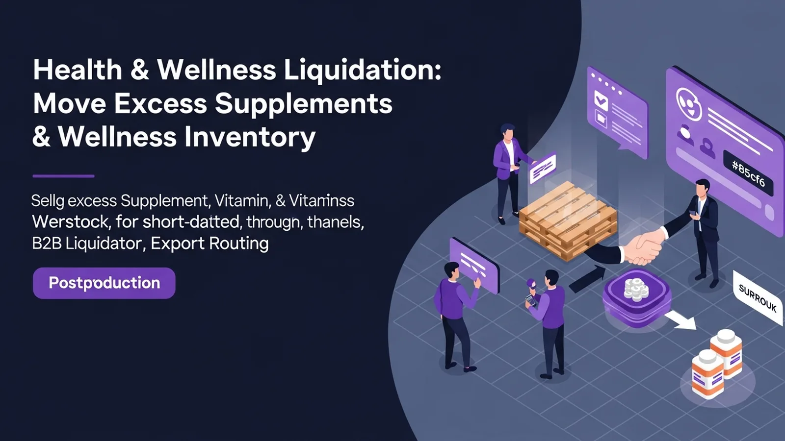 Bottles of vitamins and supplements arranged on a clean surface with abstract violet connecting lines suggesting distribution networks