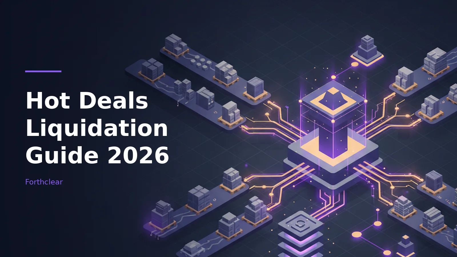 Isometric central purple hub connected by orange circuits to pallets of boxes on a dark background. Overlaid text reads “Hot Deals Liquidation Guide 2026” with the Forthclear wordmark.
