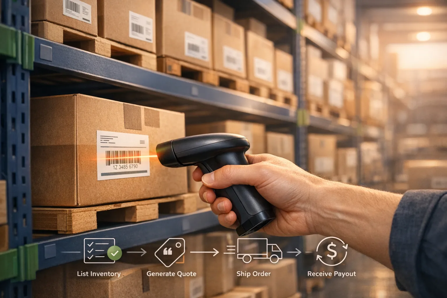 AI improving liquidation efficiency, depicted by abstract gears and data flowing into a stylized warehouse