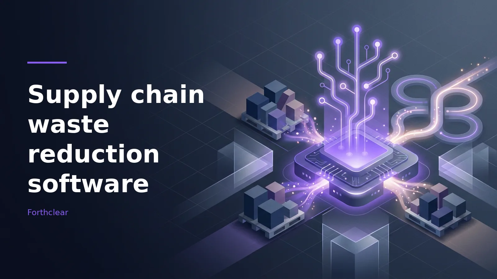 Glowing purple microchip with circuit branches connected to cargo pallets on a dark isometric grid. Overlaid text reads “Supply chain waste reduction software” with the Forthclear wordmark.