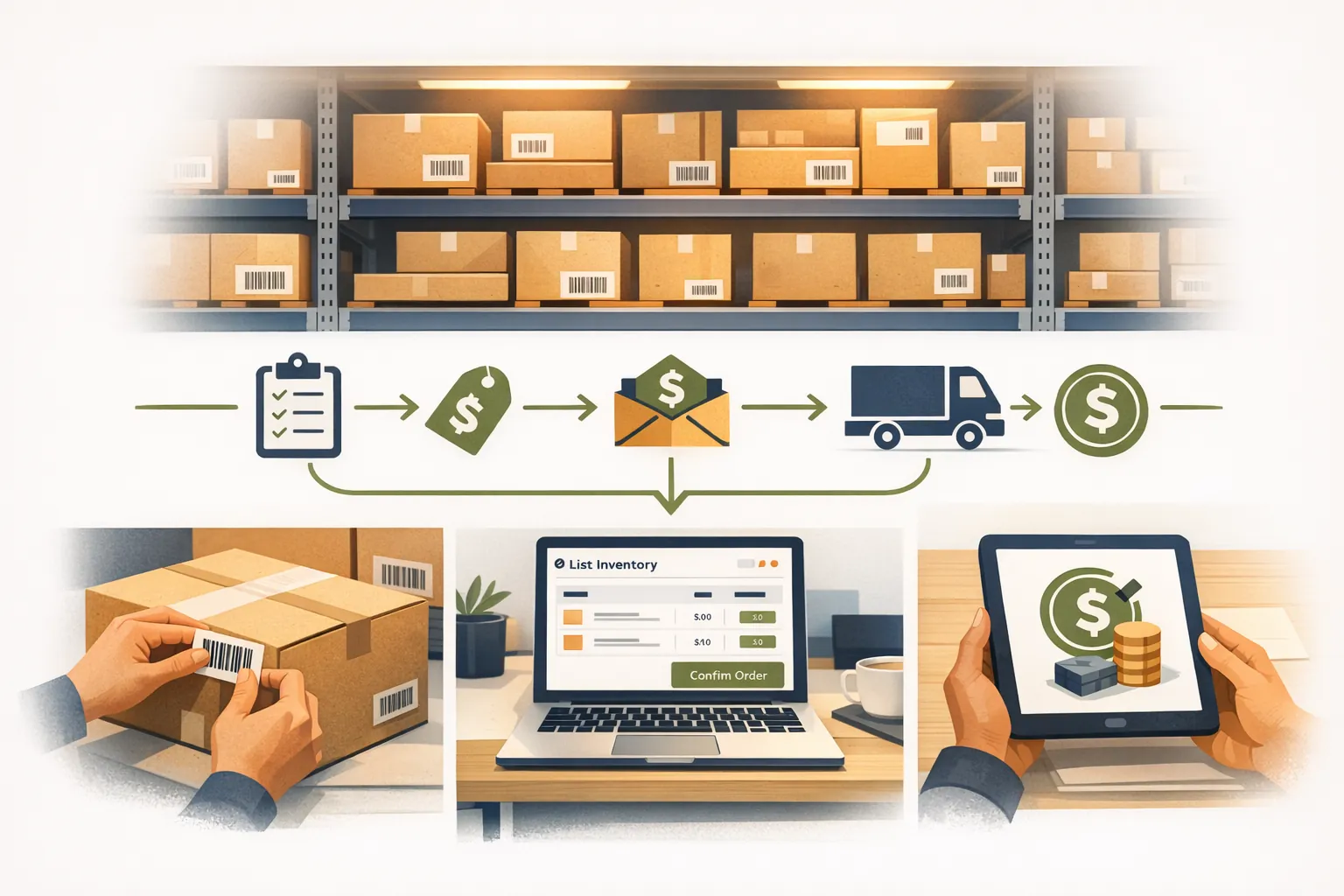 Predictive analytics optimizing surplus stock, shown as abstract data flowing into a warehouse with reduced inventory.