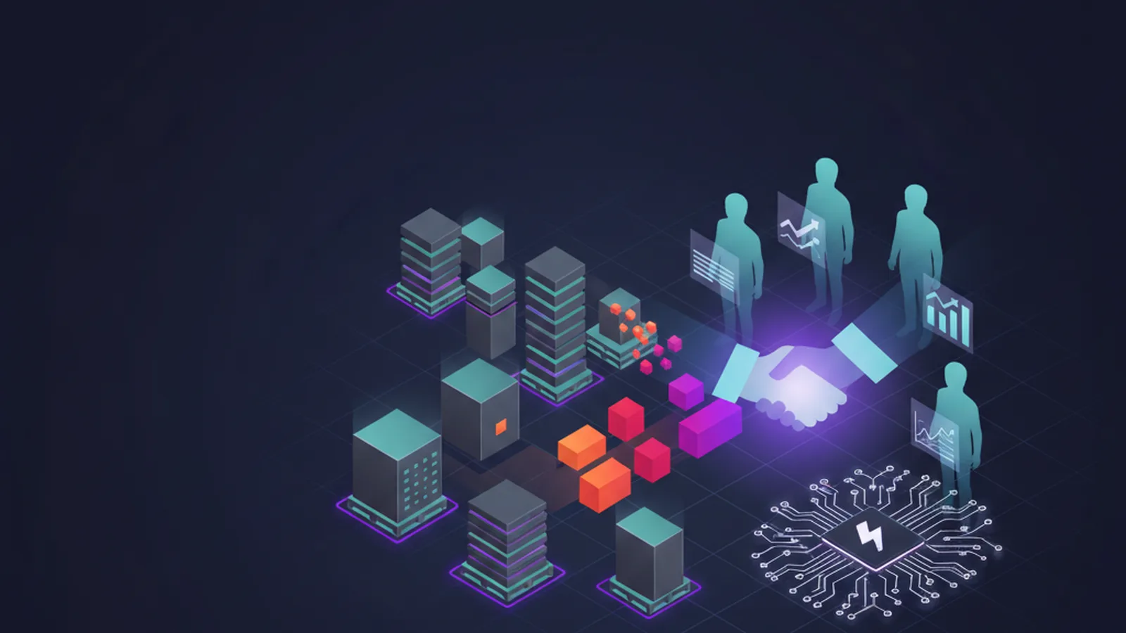 Resellers buying brand-name goods: abstract market connection with rich violet accents, illustrating inventory sourcing