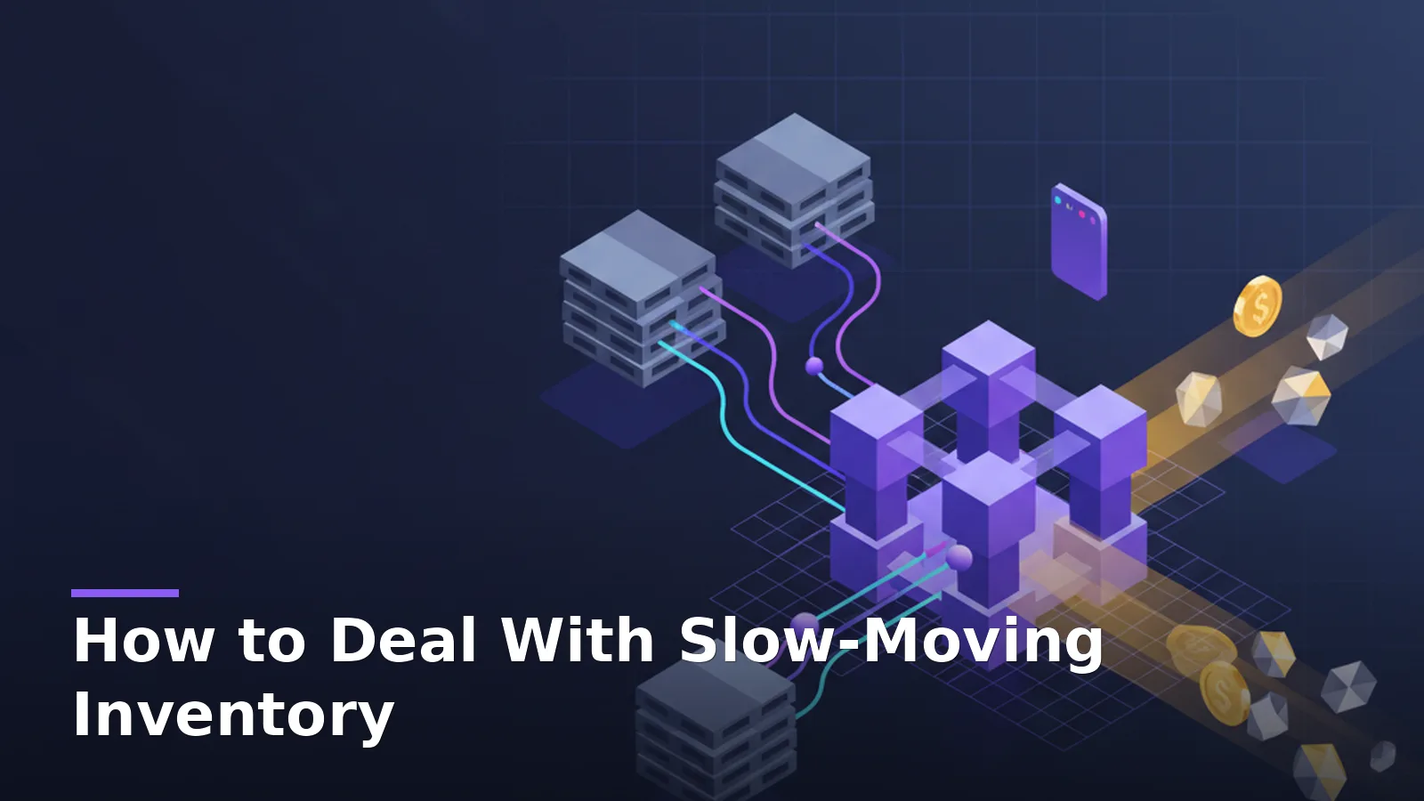 Visualizing how to deal with slow-moving inventory: pallets converging on a central hub with glowing links, transforming surplus into revenue on marketplace grids