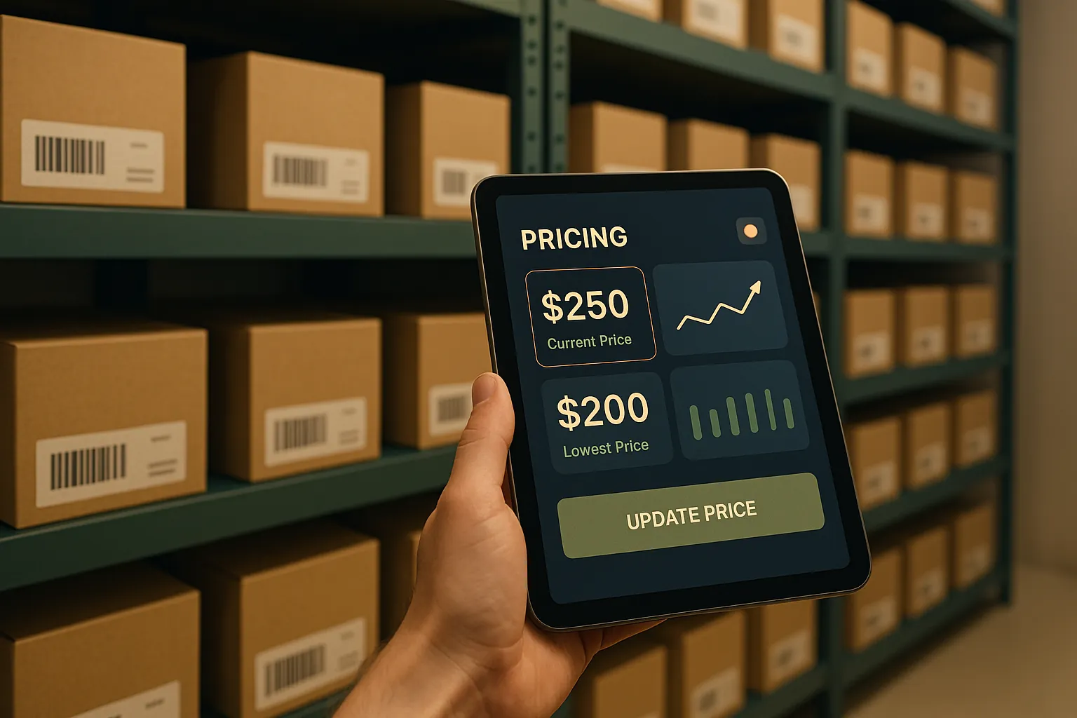 Resolving pricing disputes with resellers, depicted by abstract figures negotiating over a fluctuating price chart