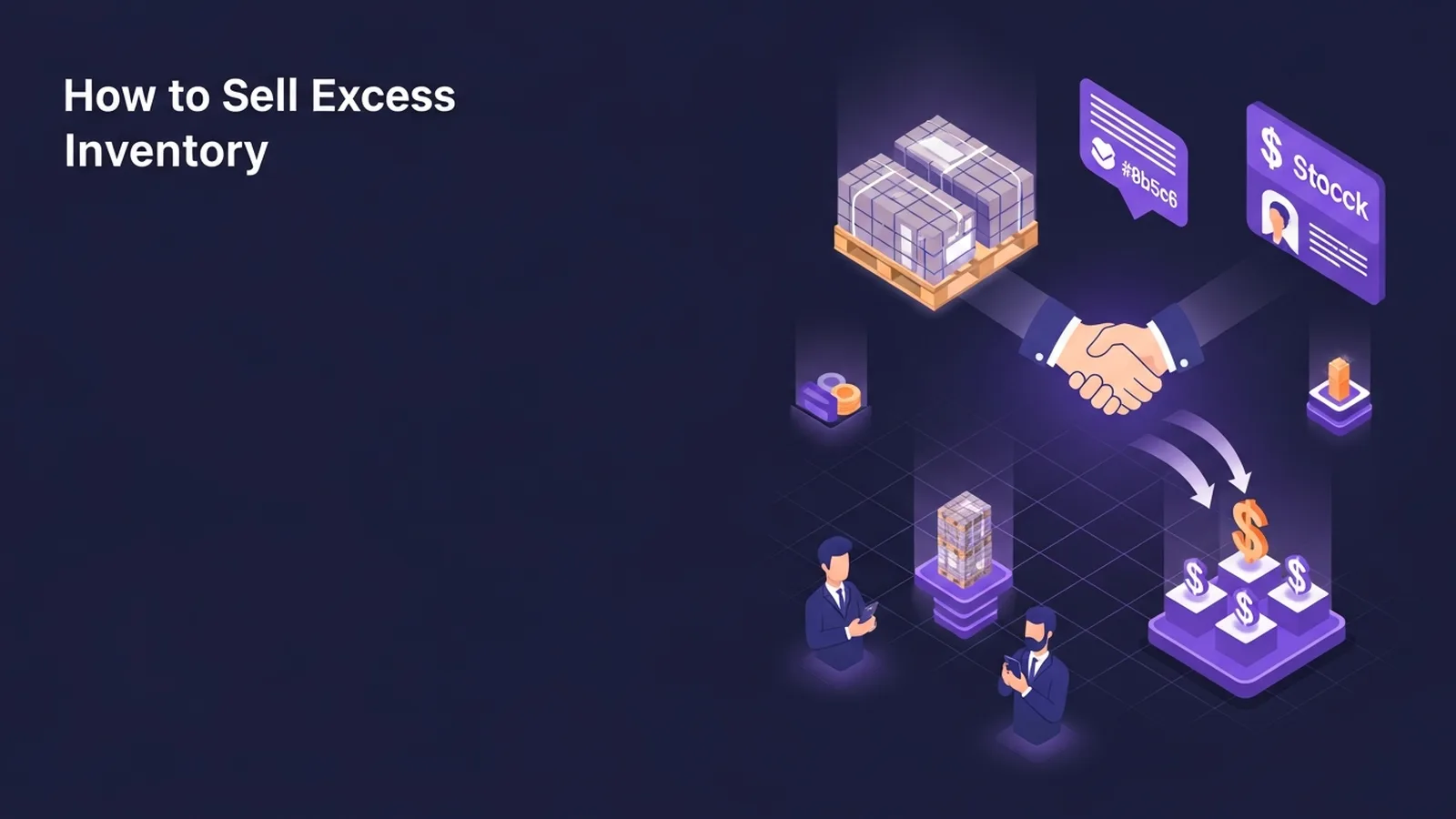 Boxes stacked on warehouse shelves with violet-accented network lines connecting to global marketplace icons