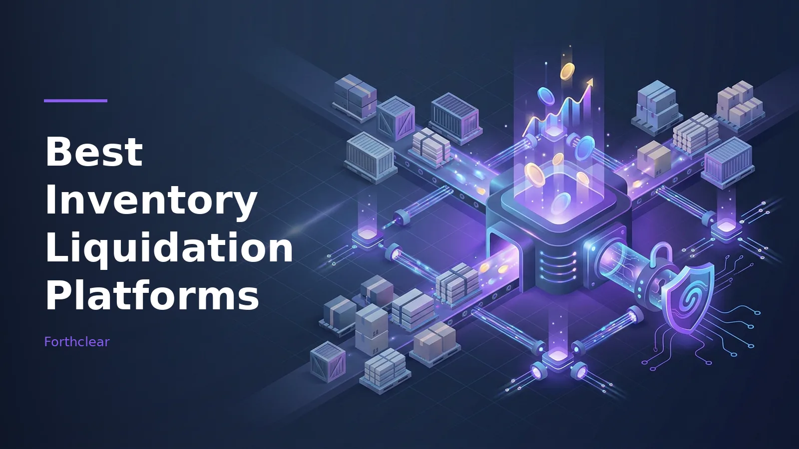 Isometric dark blue scene of cargo boxes on conveyors for Best Inventory Liquidation Platforms. Overlaid text reads “Best Inventory Liquidation Platforms” with the Forthclear wordmark.
