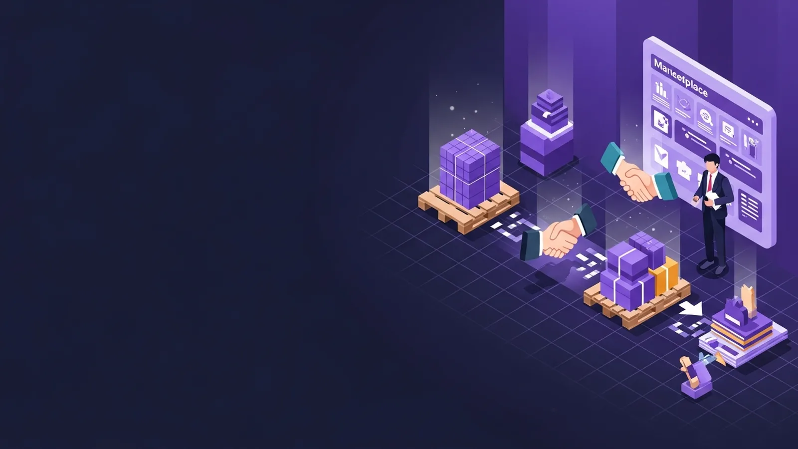 Stacks of office supplies and stationery against violet-accented background suggesting efficient wholesale distribution