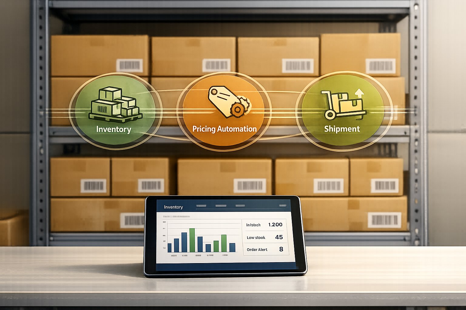 Overstock clearance tactics illustrated: a stylized warehouse with overflowing shelves and a person organizing boxes, symbolizing margin recovery