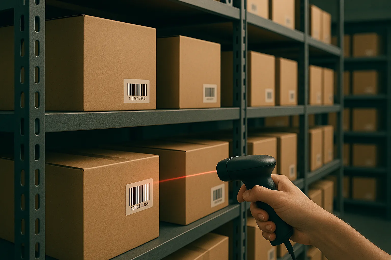 Abstract illustration of an overstock reduction planner, showing inventory boxes neatly organized and flowing efficiently through a system