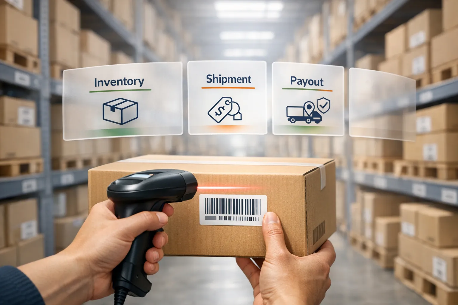 Overstock warehouse near me: abstract illustration of a stylized, overflowing storage facility with boxes and inventory management icons