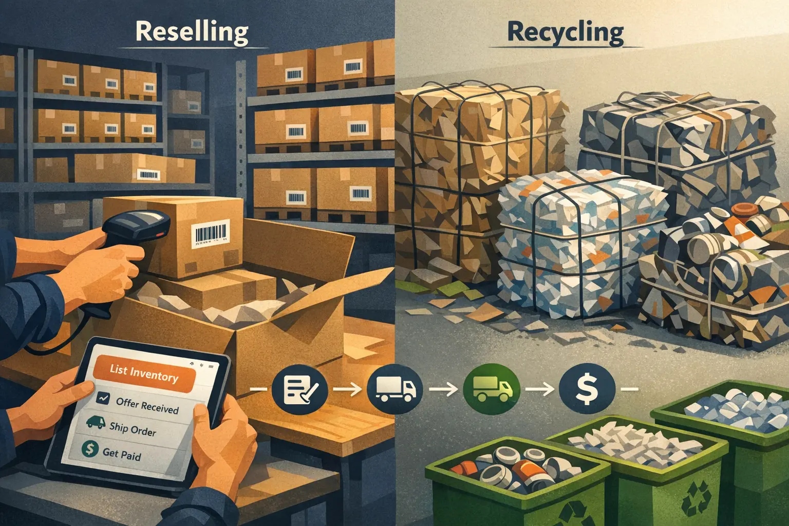 Recycling vs. reselling inventory: abstract illustration of two hands exchanging a box over a dividing line