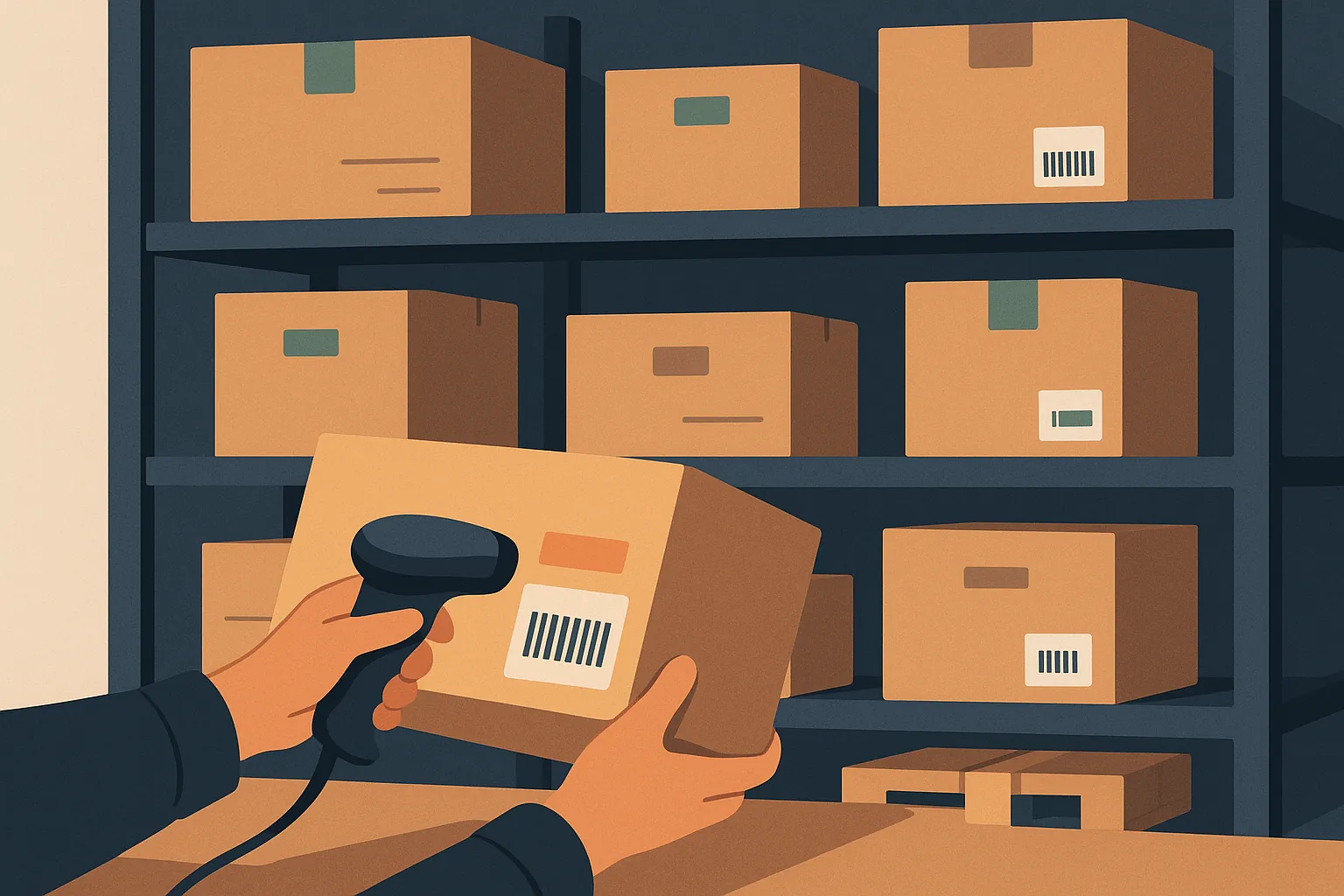 Surplus inventory checklist: abstract illustration of boxes overflowing from a small business warehouse, highlighting overstock issues