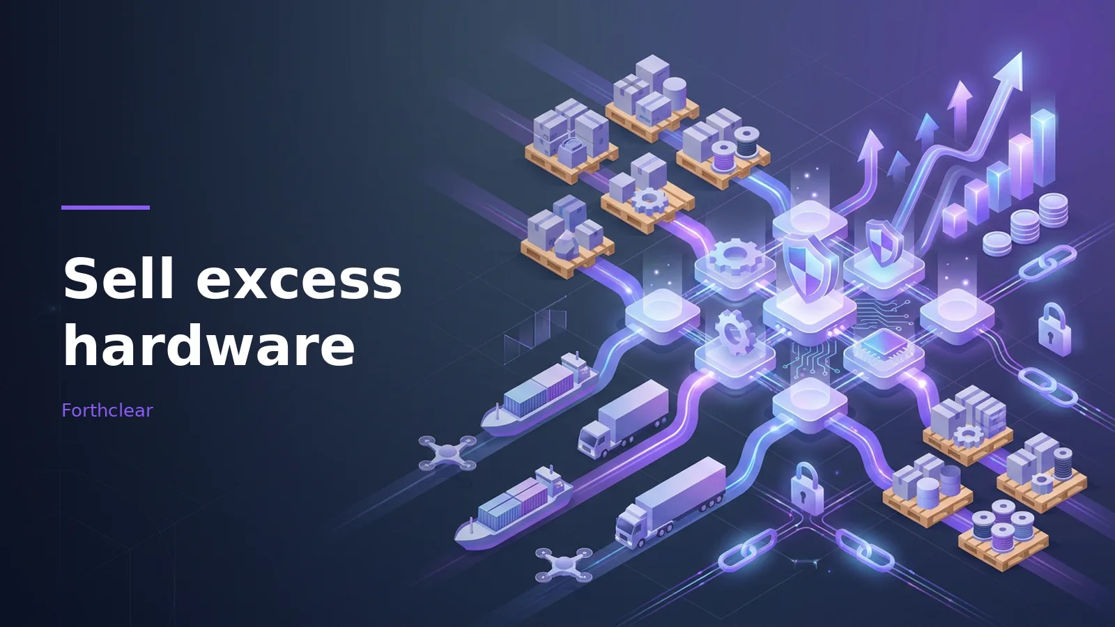 Isometric purple network of cargo ships, delivery trucks, drones, and pallets linked to glowing digital nodes. Overlaid text reads “Sell excess hardware” with the Forthclear wordmark.
