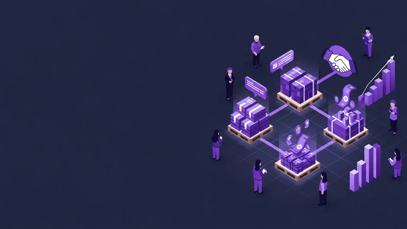 Abstract visualization of pallets and digital marketplace grids connecting with glowing handshakes symbolizing liquidation