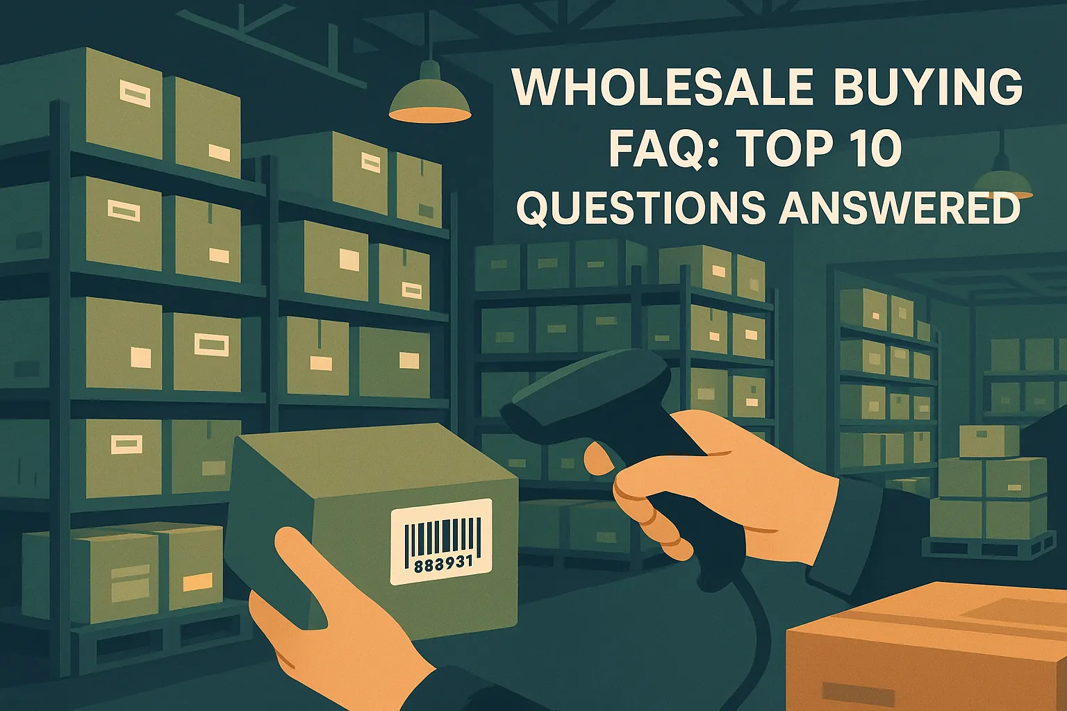 Wholesale buying FAQ: an abstract illustration of a diverse group of people collaborating around a large question mark, symbolizing answers and solutions