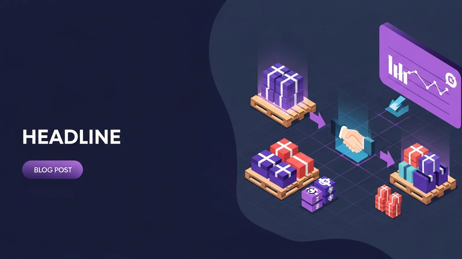 Stacked product boxes with violet light rays connecting to abstract network nodes symbolizing wholesale distribution flow