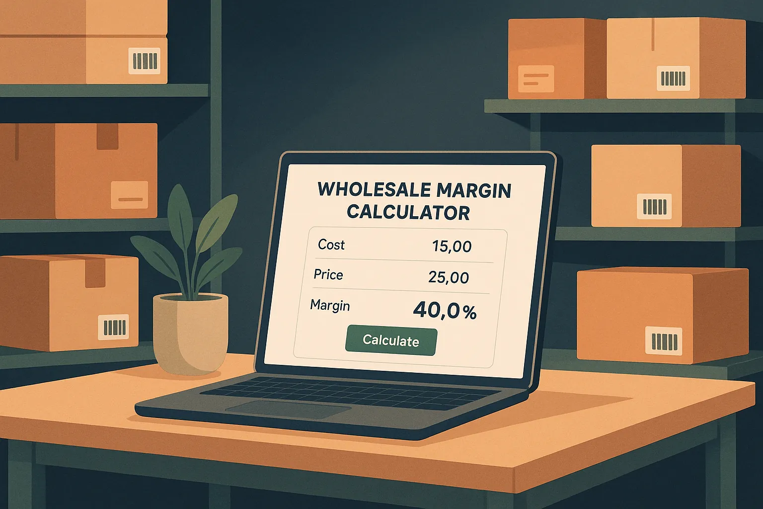 Wholesale margin calculator: abstract illustration of a rising bar chart with coins and a magnifying glass, symbolizing growth and analysis