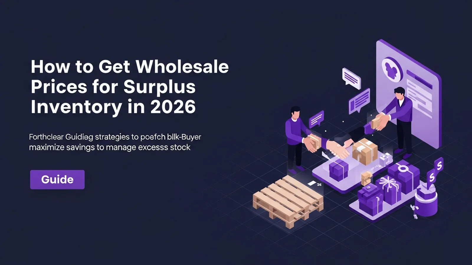 Warehouse shelves stocked with boxed inventory under violet-accented lighting suggesting efficient surplus management