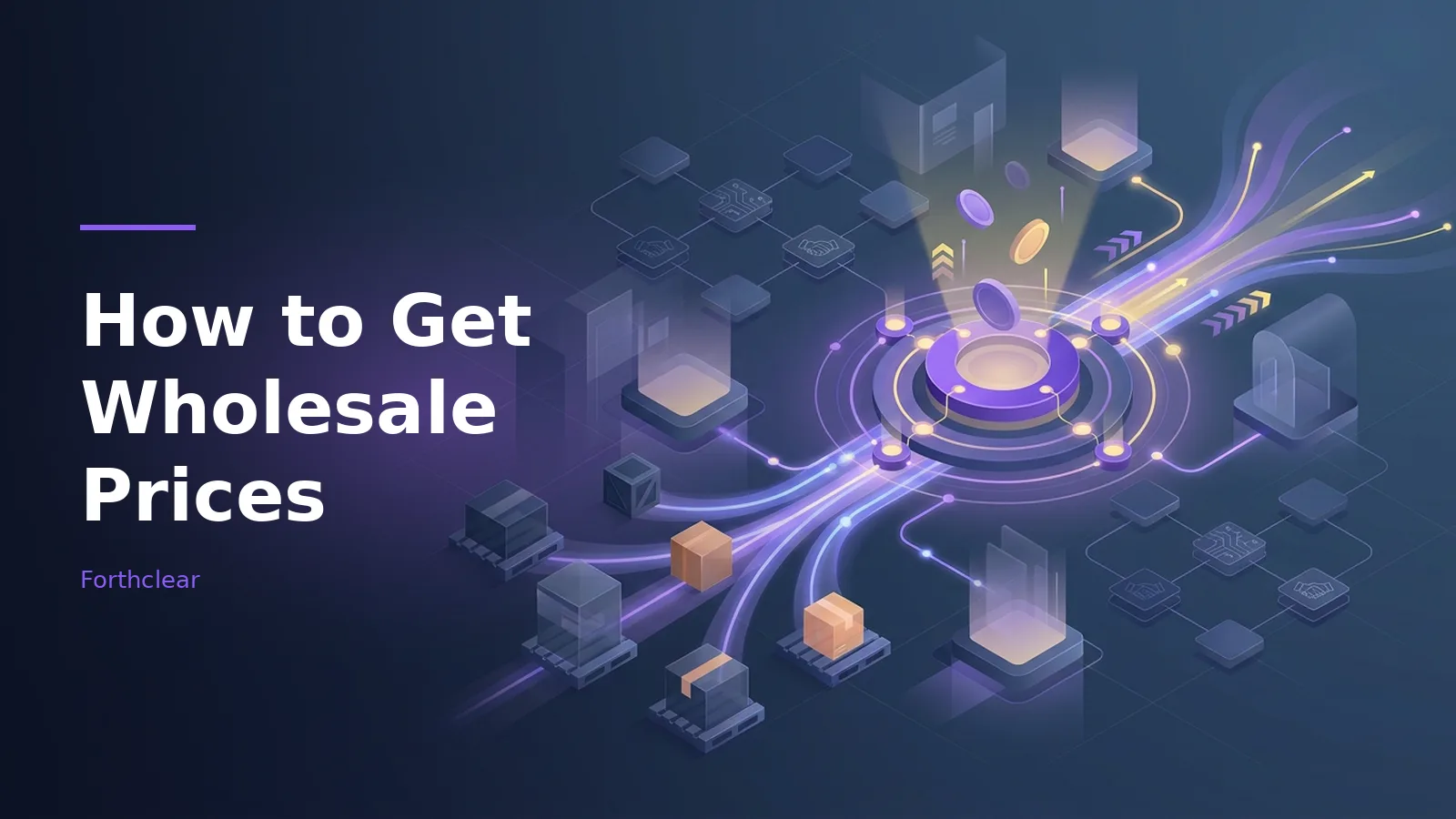 Isometric boxes and floating coins connected by glowing purple light trails on a dark blue background. Overlaid text reads “How to Get Wholesale Prices” with the Forthclear wordmark.