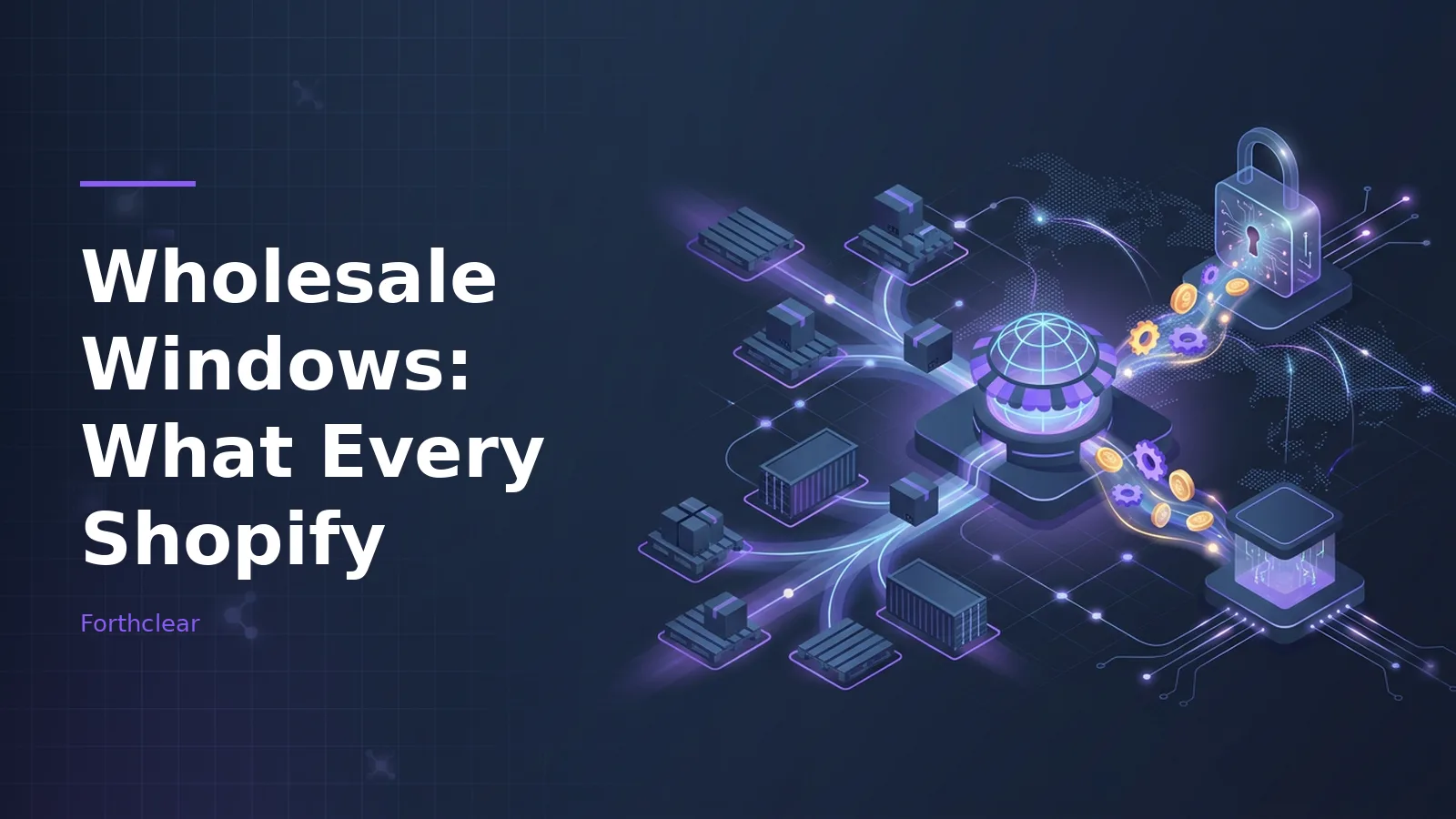 Dark blue isometric network connecting shipping packages, containers, a globe storefront, and a padlock. Overlaid text reads “Wholesale Windows: What Every Shopify” with the Forthclear wordmark.