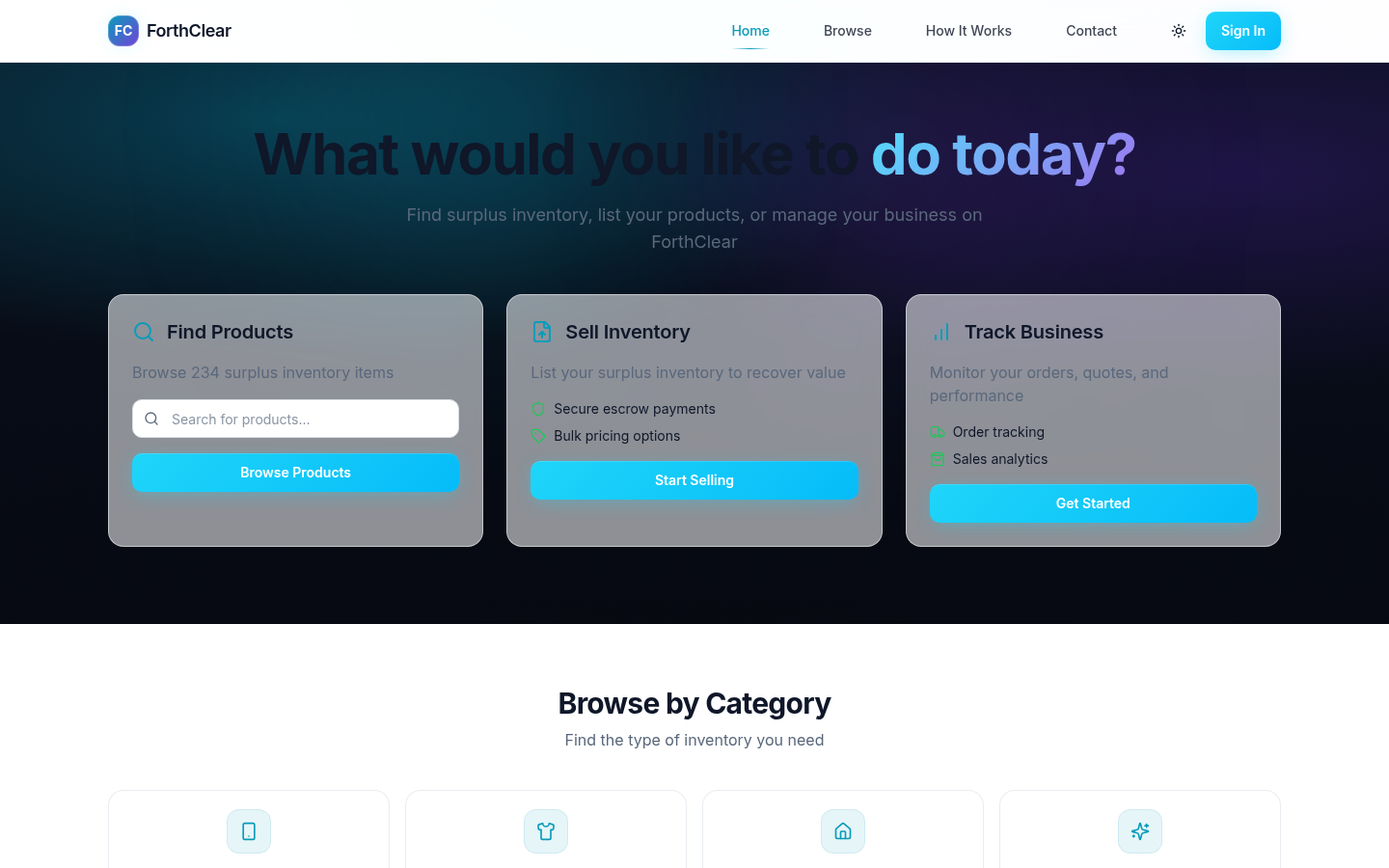 Forthclear marketplace dashboard with options to find products, sell inventory and track your business, plus browse-by-category